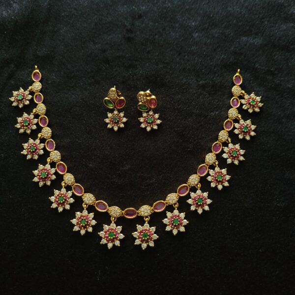 Neck Set with Earrings - Green with Maroon Color