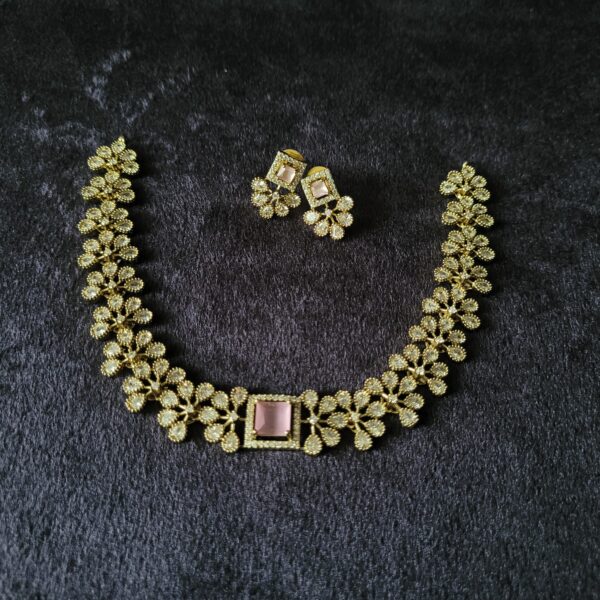Neck Set with Pink and White Stones and Earrings
