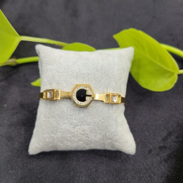 Hexagonal gold bracelet open type with black enamel design for women – 26BR0011