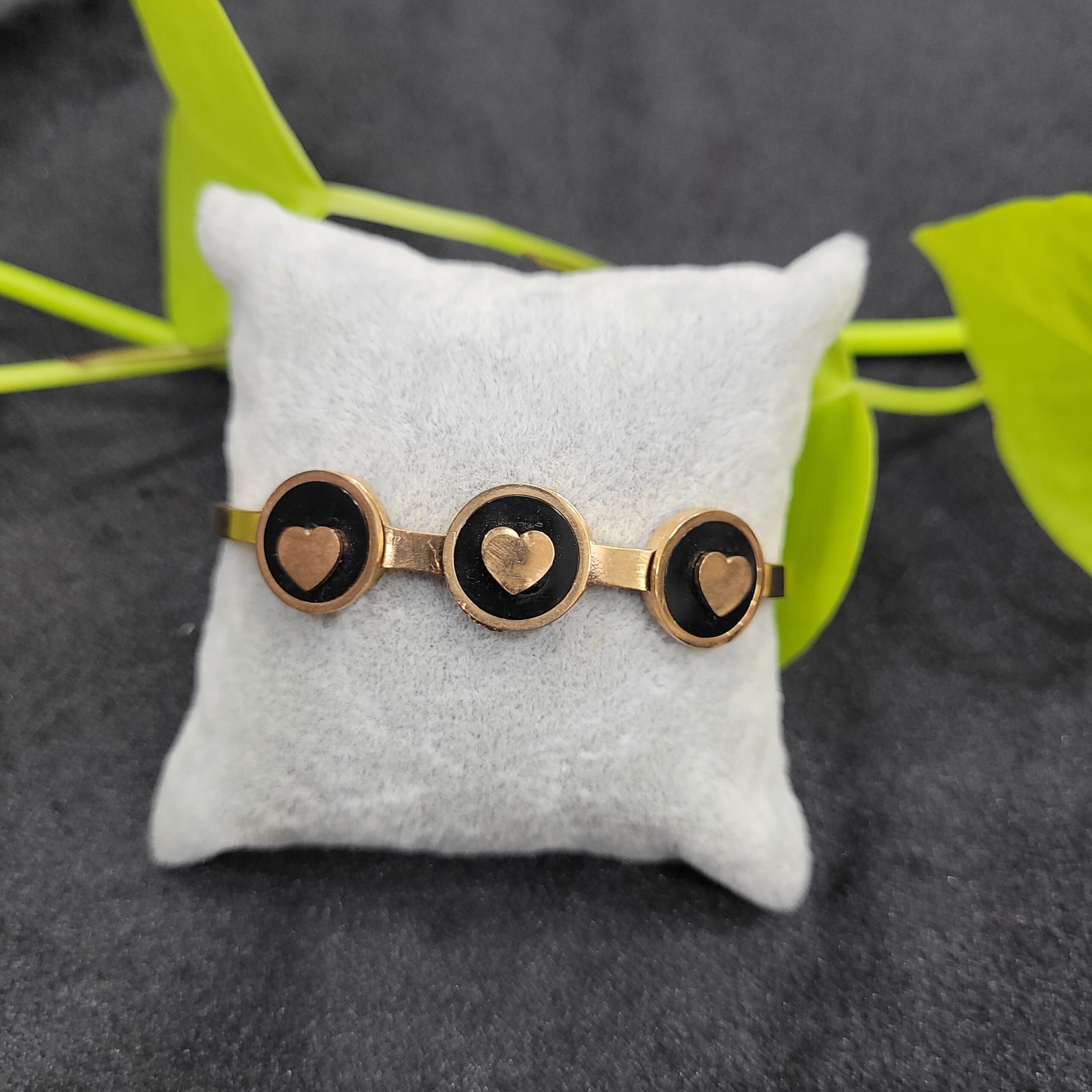 Triple heart rose gold bracelet open type with black circular accents for women – 26BR0006